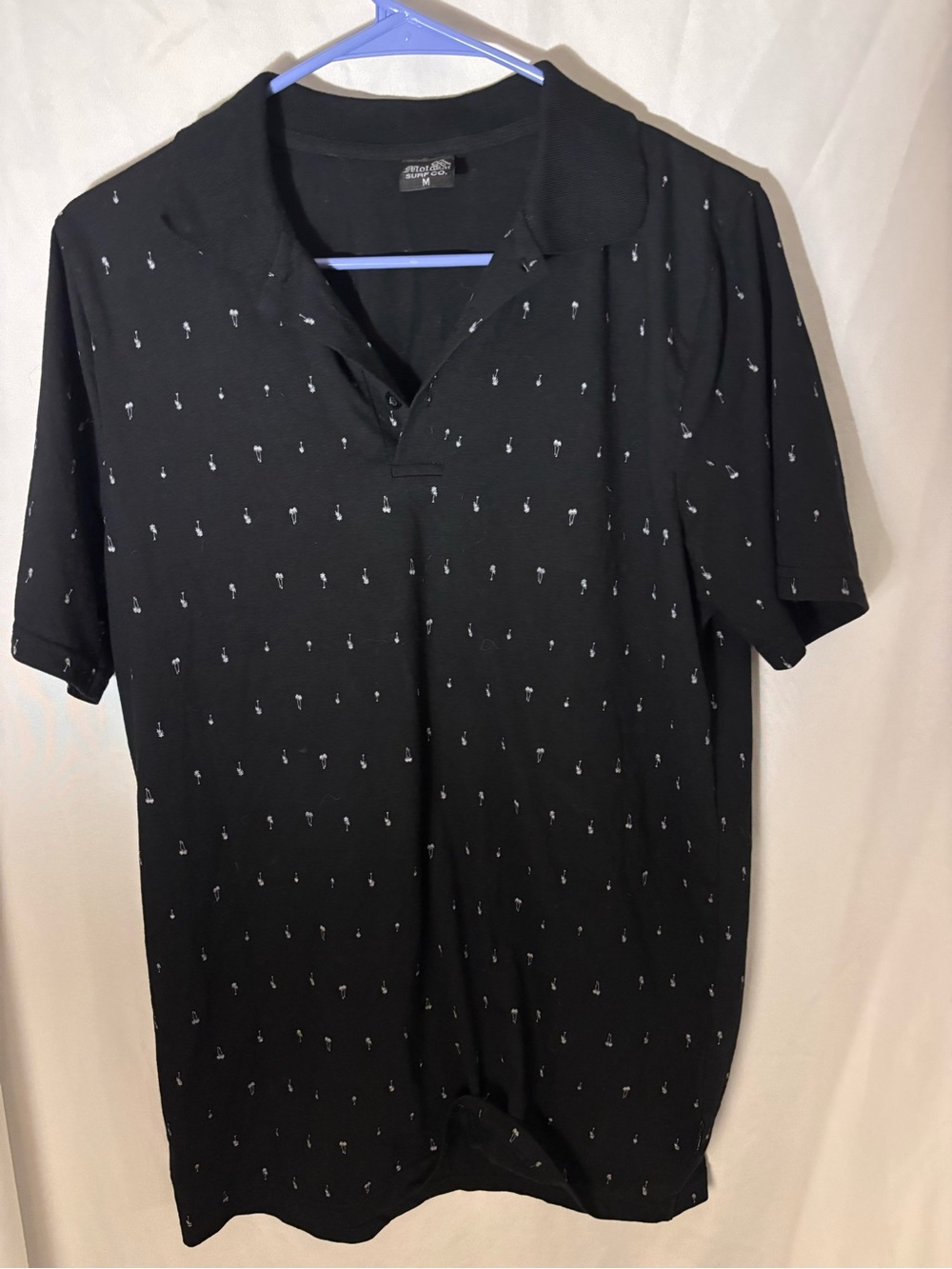 Men's Black Short-Sleeve Polo with Micro Palm Tree Motif